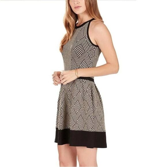 Parker Candice Metallic Gold Black Knit Fit Flare Mini Party Festive Dress Small - Picture 1 of 9